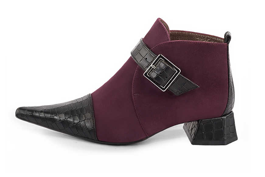 Satin black and wine red women's ankle boots with buckles at the front. Pointed toe. Low flare heels. Profile view - Florence KOOIJMAN
